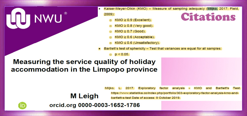 Exploratory factor analysis – KMO and Bartlett’s test.  Article: Measuring the service quality of holiday accommodation in the Limpopo province