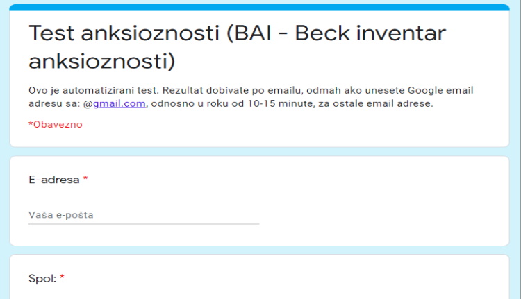 Anxiety test (BAI - Beck Anxiety Inventory)