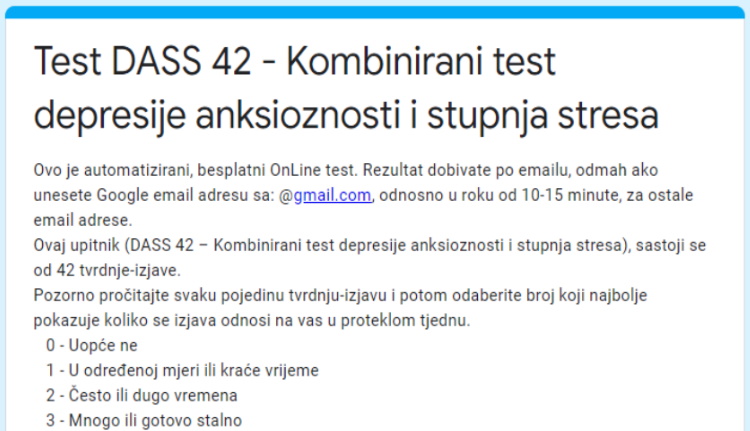 DASS 42 test - kombinirani test depresije, anksioznosti i stupnja stresa kod osobe.